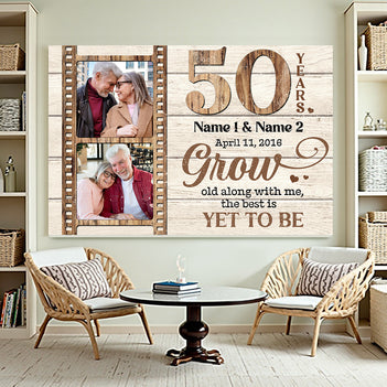 Personalized 50 Years Anniversary Grow Old Along With Me Canvas Wall Art, Custom Photo Golden Wedding Keepsake