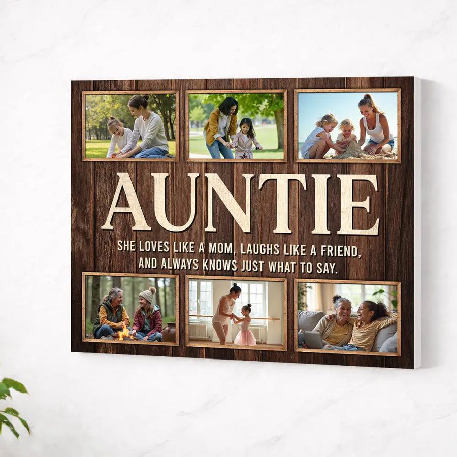 Custom Photo Auntie Canvas Wall Art She Love Like A Mom Laughs Friend Mother’s Day Or Birthday Gift From Niece Nephew