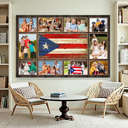Custom Photo Collage Puerto Rican Family Canvas Wall Art Personalized Gift With Rico Flag