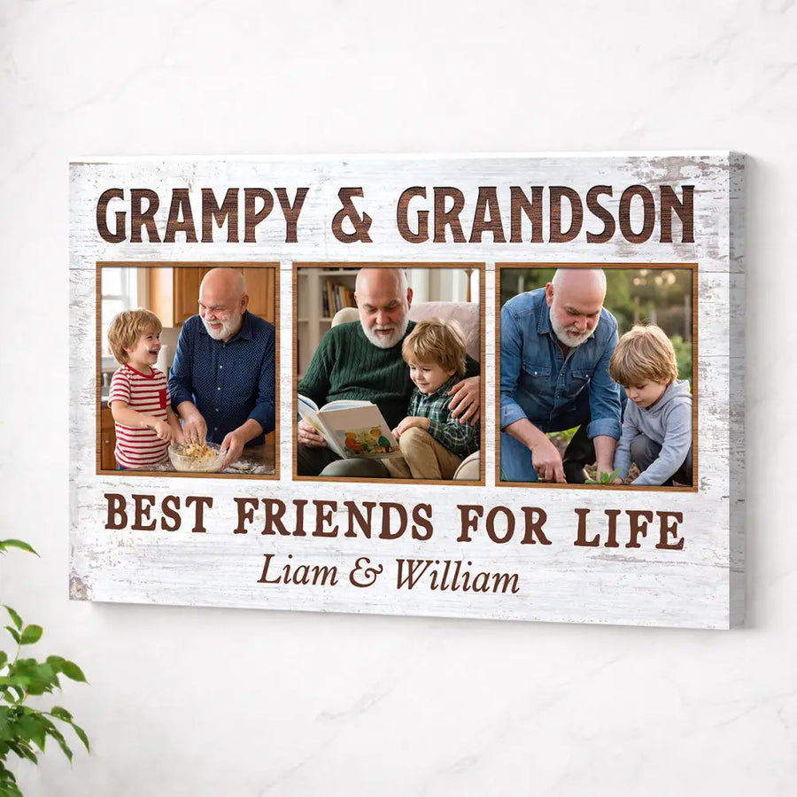 Grampy And Grandson Best Friends For Life Personalized Custom Photo Canvas Print Wall Art Fathers Day Gift