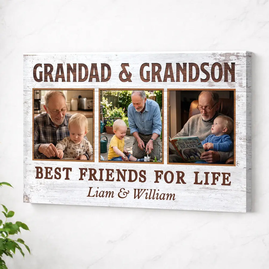 Grandad And Grandson Best Friends For Life Personalized Custom Photo Canvas Print Wall Art Fathers Day Gift