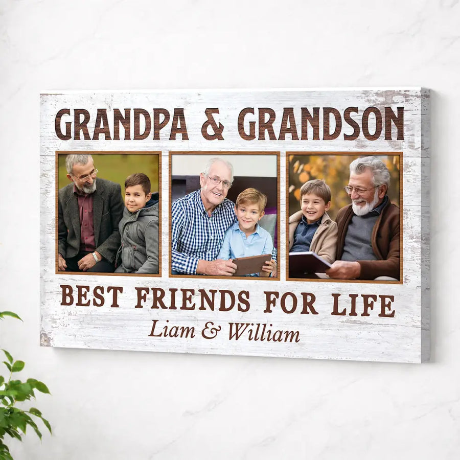 Grandpa And Grandson Best Friends For Life Personalized Custom Photo Canvas Print Wall Art Father’s Day Gift