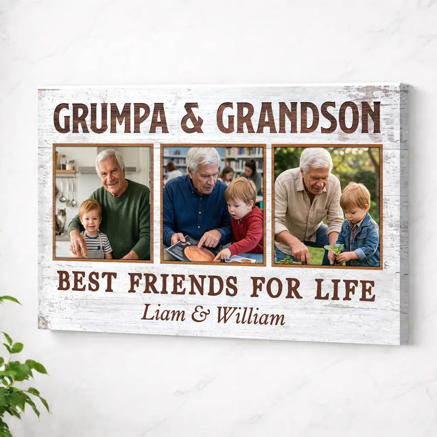 Grumpa And Grandson Best Friends For Life Personalized Custom Photo Canvas Print Wall Art Father’s Day Gift