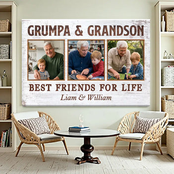 Grumpa And Grandson Best Friends For Life Personalized Custom Photo Canvas Print Wall Art Father’s Day Gift