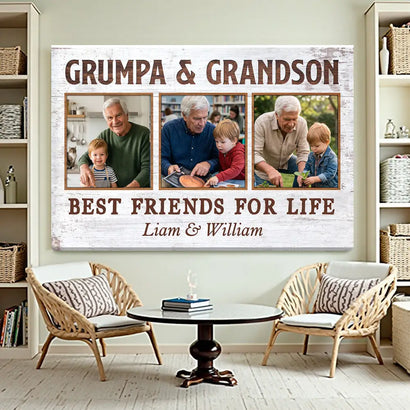 Grumpa And Grandson Best Friends For Life Personalized Custom Photo Canvas Print Wall Art Father’s Day Gift
