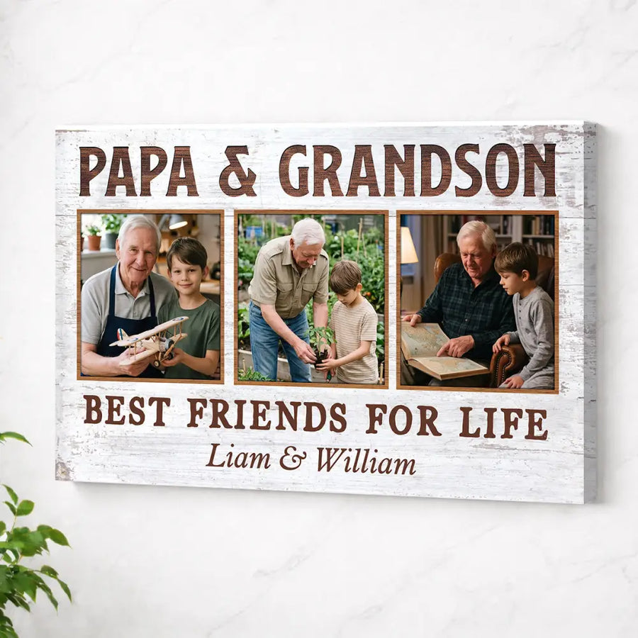 Papa And Grandson Best Friends For Life Personalized Custom Photo Canvas Print Wall Art Father’s Day Gift