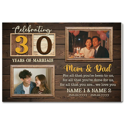 Personalized 30th Wedding Anniversary Canvas - Custom Wall Art Celebrating 30 Years of Marriage