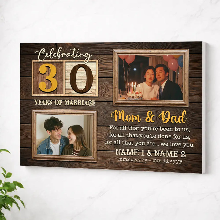 Personalized 30th Wedding Anniversary Canvas - Custom Wall Art Celebrating 30 Years of Marriage - No Frame / 12x9