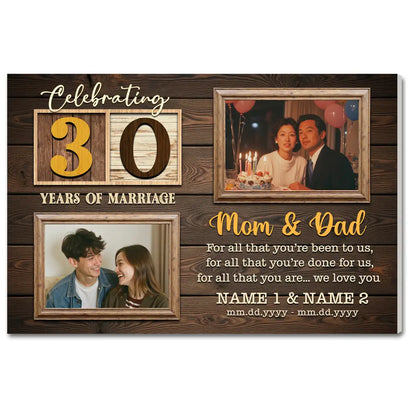 Personalized 30th Wedding Anniversary Canvas - Custom Wall Art Celebrating 30 Years of Marriage - 12x9