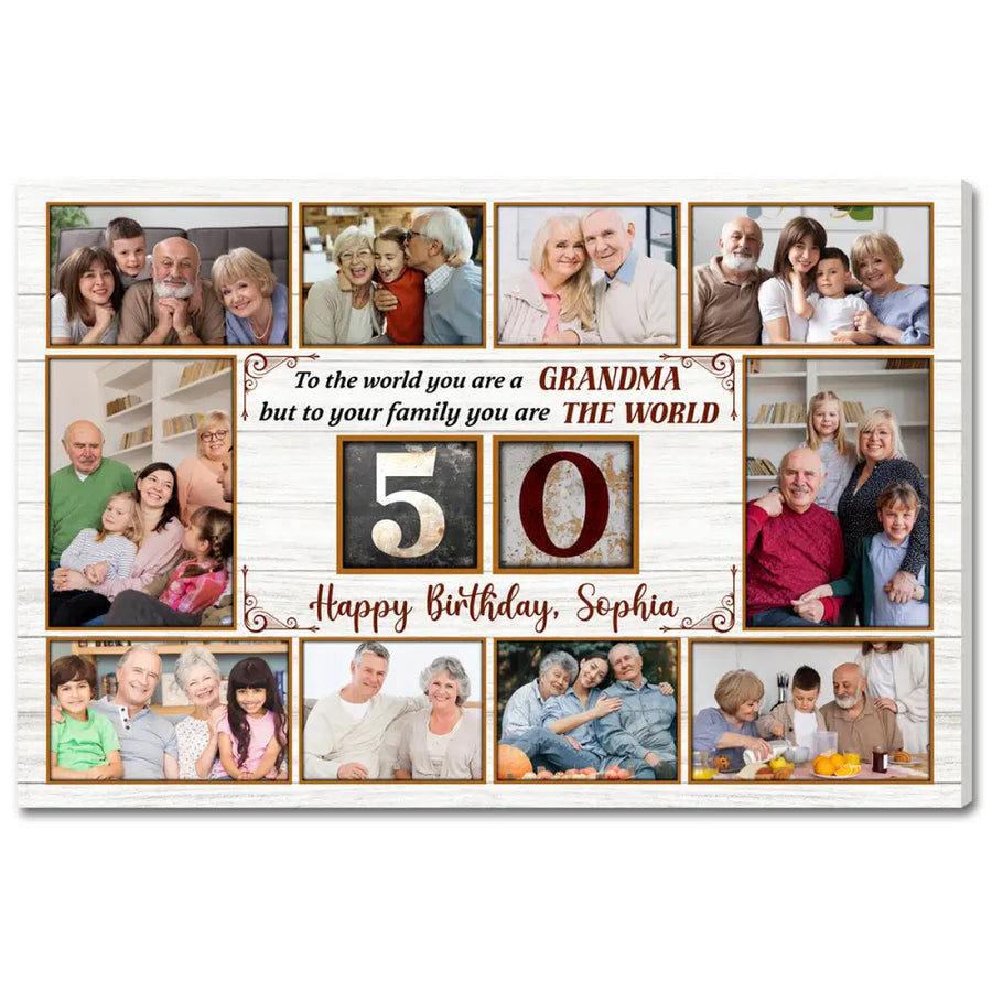 Personalized 50th Birthday Canvas Custom Photo Print Happy 50 Years Wall Art Gift for Grandma - 12x9