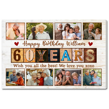 Personalized 60th Birthday Canvas Custom Photo Print Happy 60 Years Wall Art Gift for Dad or Grandpa - 12x9
