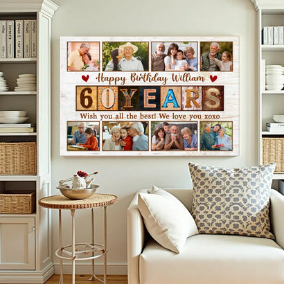Personalized 60th Birthday Canvas Custom Photo Print Happy 60 Years Wall Art Gift for Dad or Grandpa - 12x9