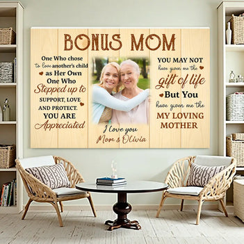 Personalized Bonus Mom Canvas Wall Art With Loving Message Custom Photo Gift For From Daughter Mother’s Day