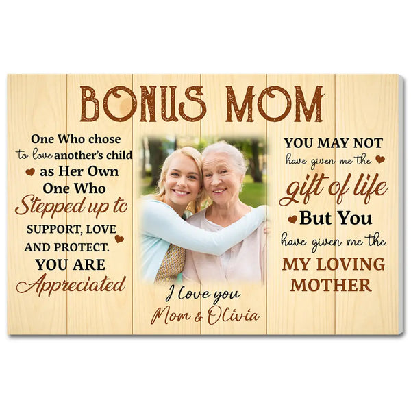Personalized Bonus Mom Canvas Wall Art With Loving Message Custom Photo Gift For From Daughter Mothers Day