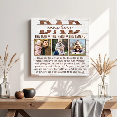Personalized Dad the Man Hero Legend Canvas Custom Photo Gift for on Birthday or Father’s Day - 12x12