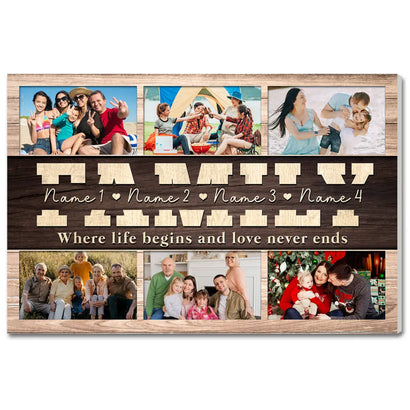 Personalized Family Canvas Wall Art - Custom Photo Print Where Life Begins and Love Never Ends Home Décor