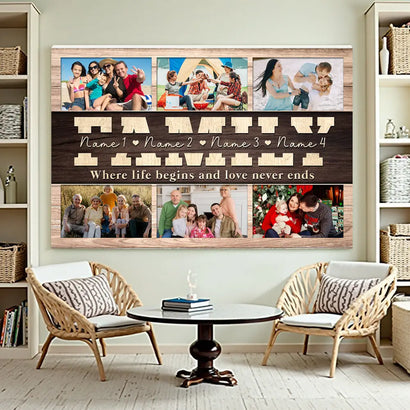 Personalized Family Canvas Wall Art - Custom Photo Print Where Life Begins and Love Never Ends Home Décor
