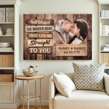 Personalized God Blessed the Broken Road Canvas - Custom Couple Wall Art Romantic Anniversary Gift - 12x9