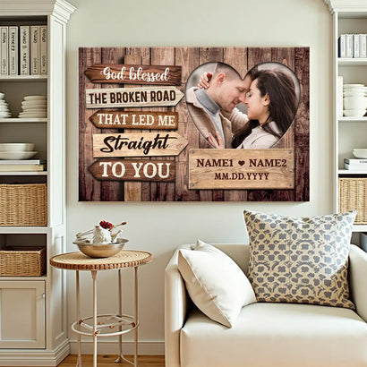 Personalized God Blessed the Broken Road Canvas - Custom Couple Wall Art Romantic Anniversary Gift - 12x9