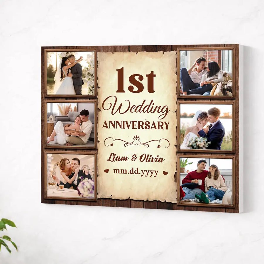 Personalized Happy 1st Wedding Anniversary Canvas Wall Art Celebrating Husband And Wife Together With Memories Custom