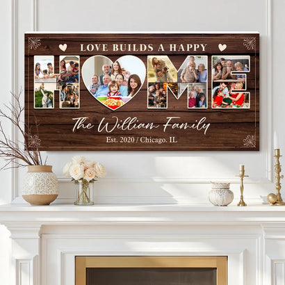 Personalized Love Builds A Happy Home Canvas Wall Art Custom Family Photo Collage Gift For Multi-Generation - 20x10