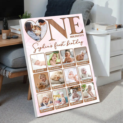 Personalized One First Birthday Canvas Custom Photo Wall Art Gift For Baby - 9x12